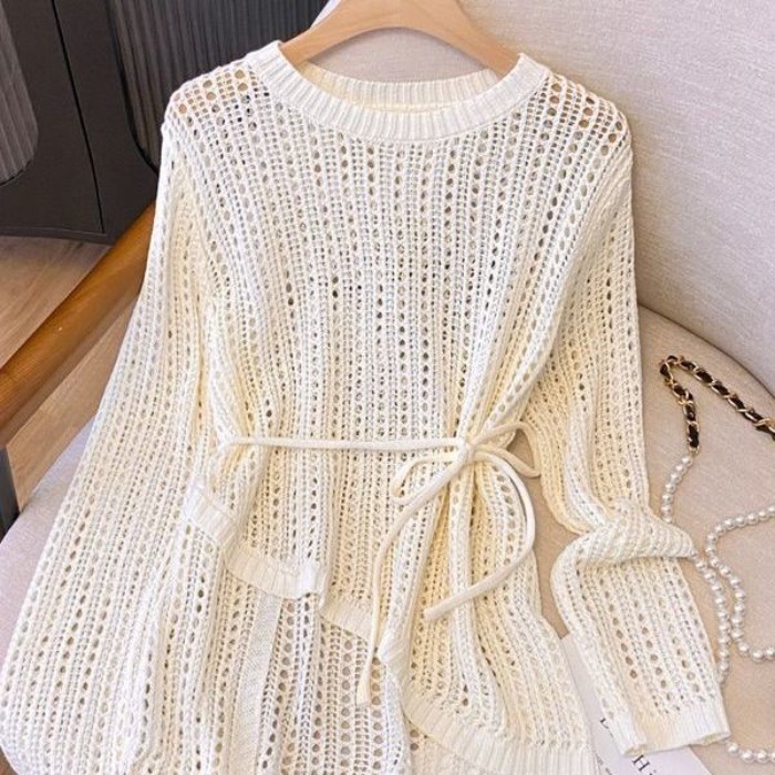 Áo khoác ngoài điều hòa treo khăn cho nữ cổ tròn không đều móc rỗng dệt kim 24