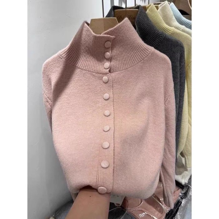Áo len cổ lọ một hàng khuy phong cách Hàn Quốc mới dành cho nữ, dáng rộng, lười, mềm mại và c