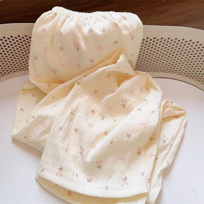 Bộ đồ ngủ cotton nguyên chất cho bé gái, đám mây hoa nhỏ thanh lịch, cotton mỏng, ren dễ thươ