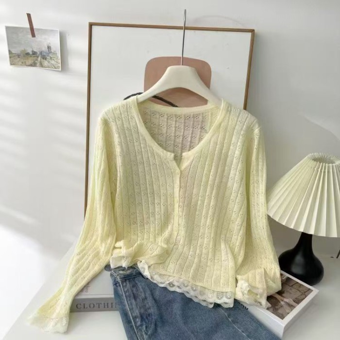 Áo cardigan ren cổ tròn phong cách Hàn Quốc với áo len mỏng màu trơn hợp thời trang