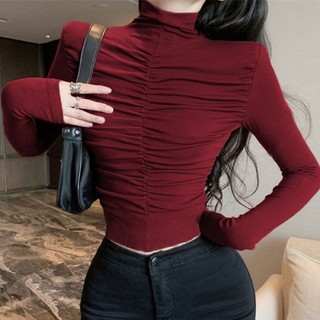 Áo sơ mi nửa cổ cao cổ dành cho nữ mùa thu đông mới niche kiểu dáng ngắn dáng ôm thiết kế xếp