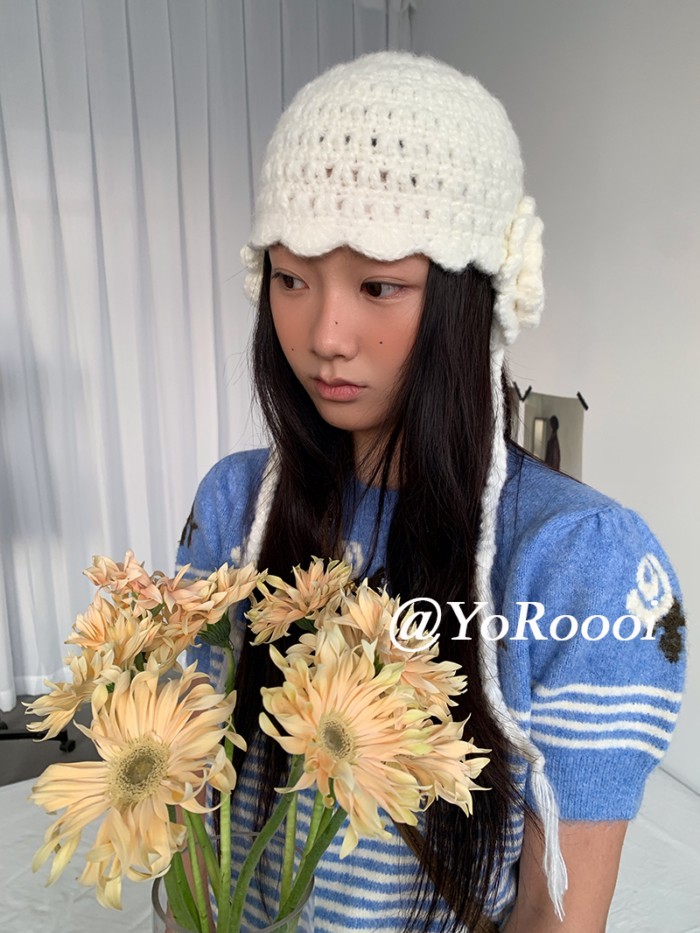 Have u desgin Hàn Quốc Dệt Kim Handmade Ba Chiều Hoa Phù Hợp Với Dây Đeo Mặt Nhỏ Mũ Bảo Vệ Tai Ngọt Ngào Dễ Thương Mũ Lạnh