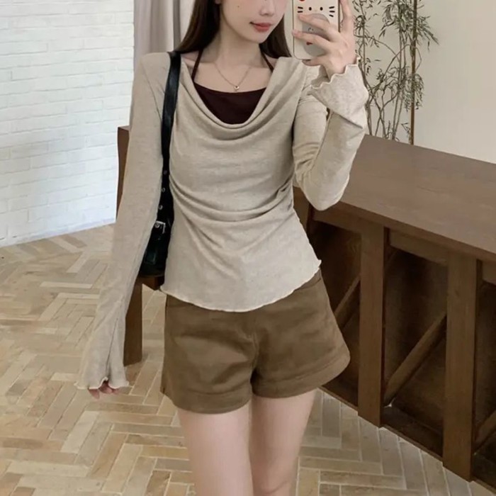 Thiết kế cổ xoay giả hai dây Áo thun dài tay phong cách Hàn Quốc dành cho nữ mùa thu kiểu dáng s