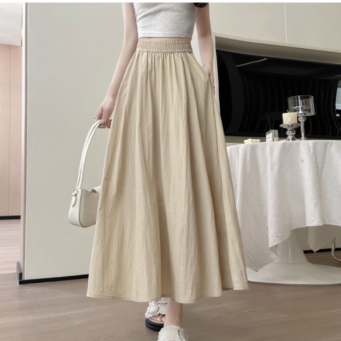 Váy Yamamoto nữ mùa xuân cạp cao chữ A váy dài xếp li váy ô váy chữ A tươi mới