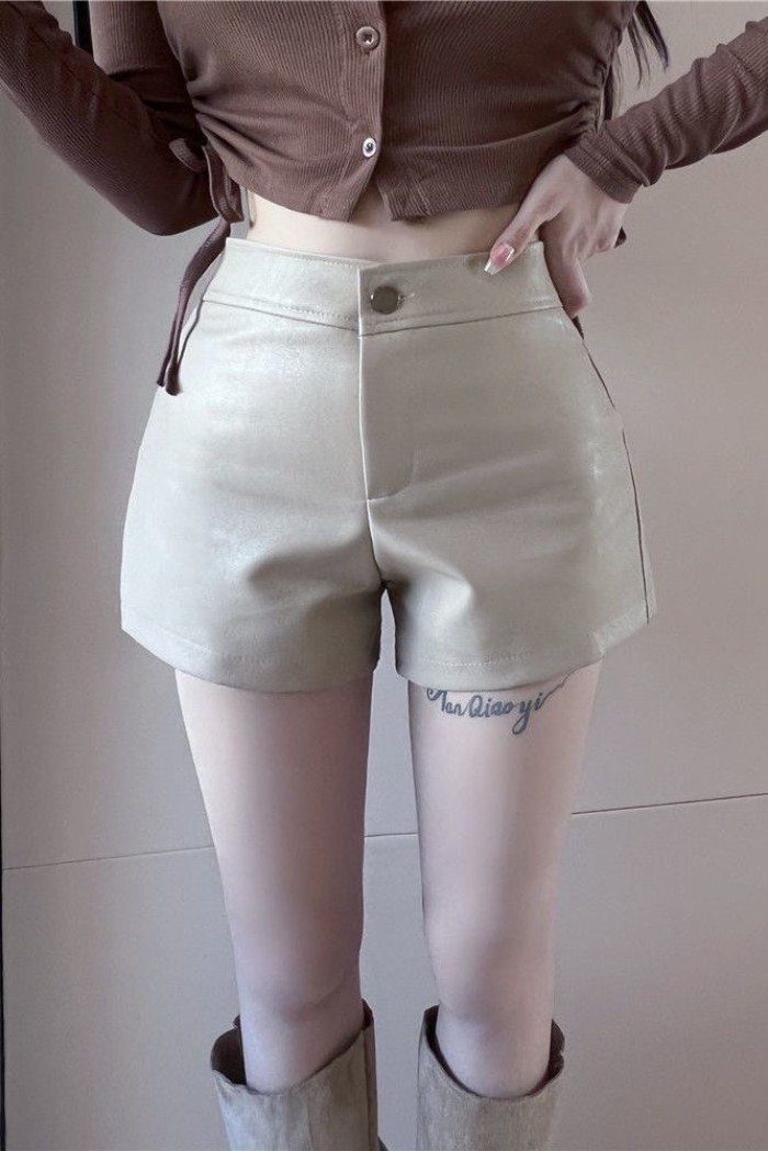 quần short da cho nữ, phong cách mới thu đông, đa năng, dáng rộng, ống rộng, giảm béo, lưng cao,