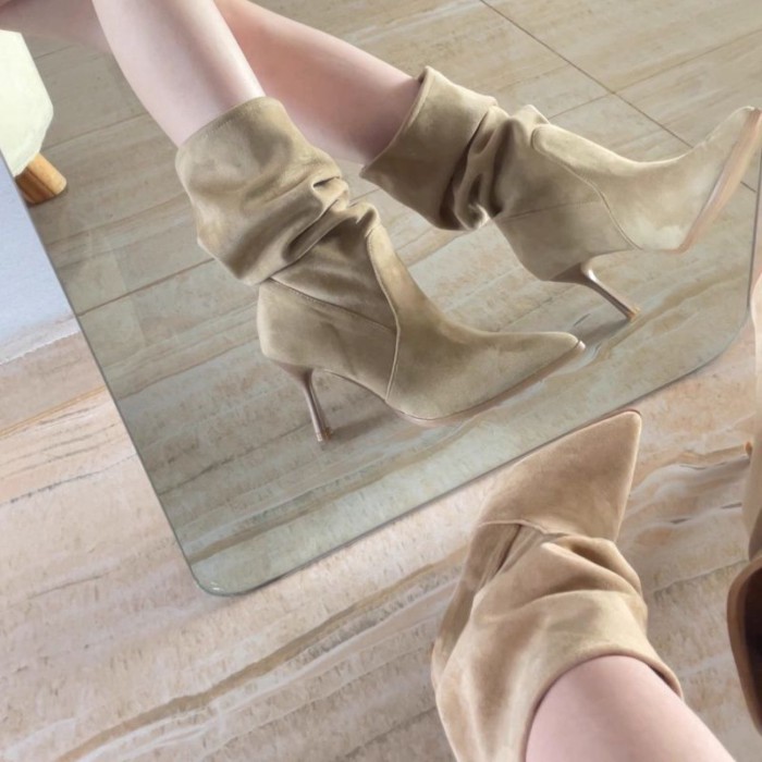 Giày bốt bốt xếp li đế cao gót nhọn tay ngắn bốt ngắn