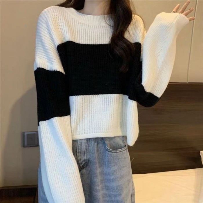 Áo len ngắn phong cách rừng dài tay áo len dệt kim dáng rộng đáy mùa đông