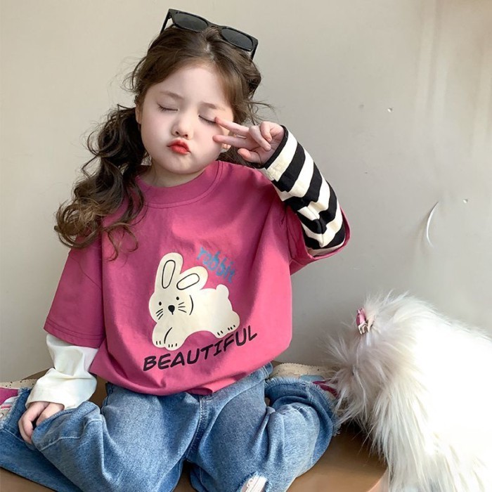 cô gái áo mới xuân thu bé gái cổ tròn ngọt ngào thường ngày đa năng hợp thời trang giả áo thun h