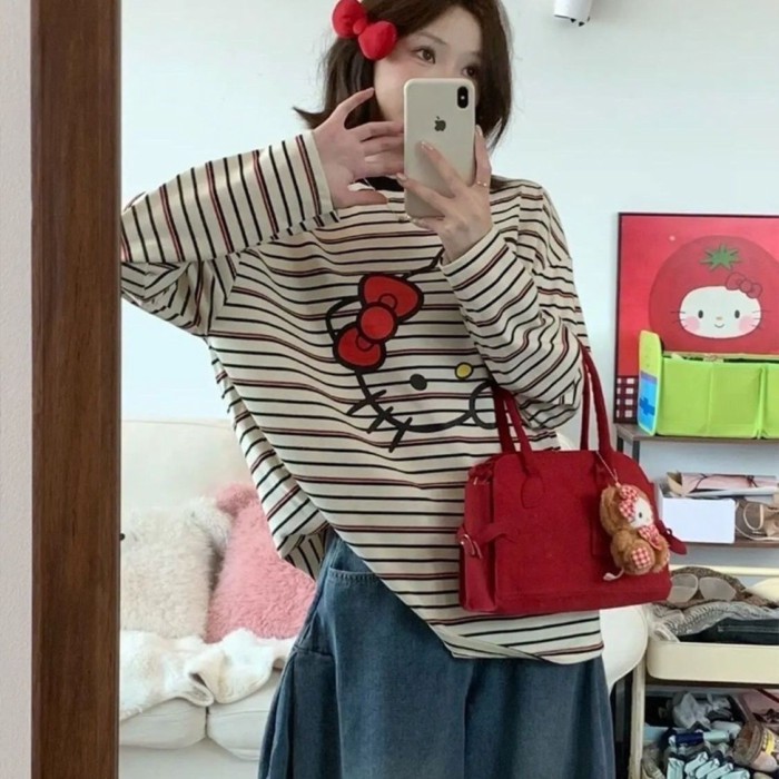 Phim hoạt hình mèo Kitty sọc cổ tròn sọc rộng dài tay áo thun mùa thu thường ngày