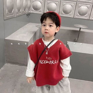 Áo vest dệt kim thêu chữ quần áo trẻ em đẹp trai áo vest nam nữ màu đỏ