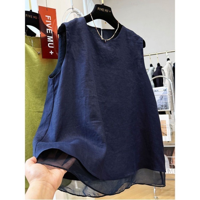 Áo vest không tay lưới nối cỡ lớn cho nữ mùa hè mỏng dáng rộng giả hai lớp áo không tay hai l
