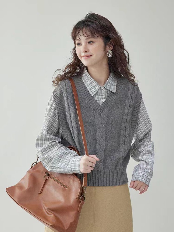 Áo dệt kim xếp chồng xoắn dành cho nữ Áo vest dệt kim cổ chữ V ngắn bên ngoài dành cho nữ