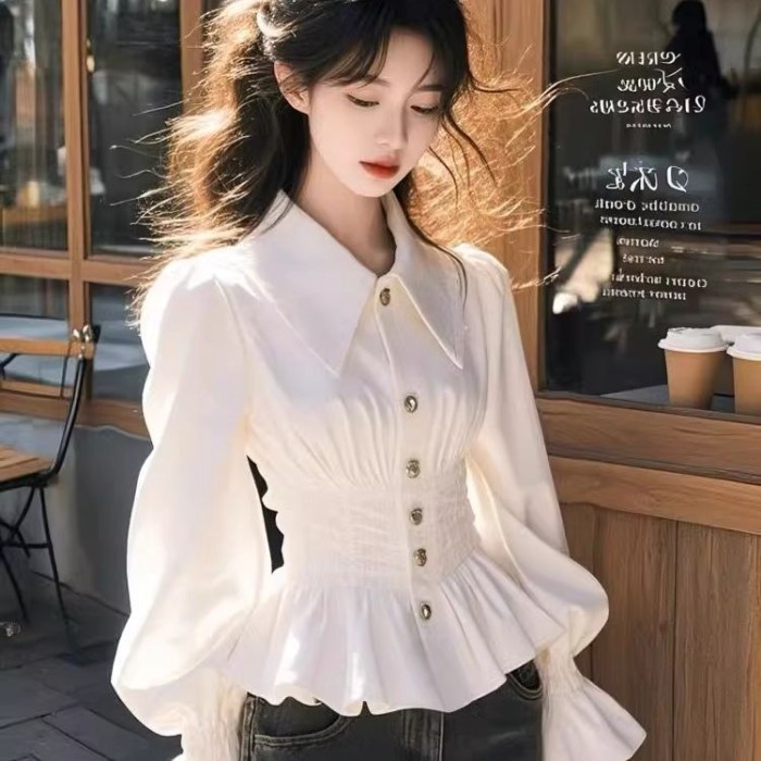Phong cách nhẹ nhàng Áo sơ mi dài tay cao cấp màu trắng thời trang nữ xuân thu kiểu Pháp