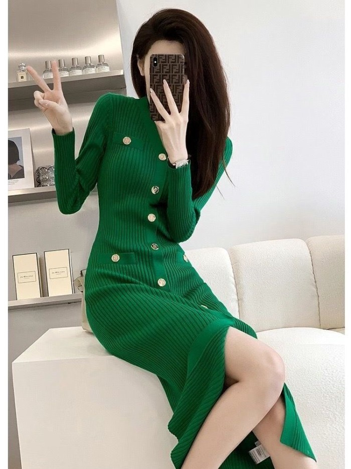 phong cách nữ thần mùa thu mới váy len ôm vừa vặn kiểu Pháp váy dệt kim dài vừa phải che hông