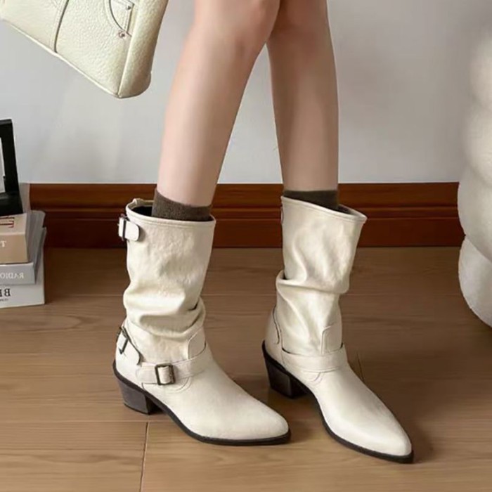 Giày bốt Martin mũi nhọn đến giữa bắp chân dày dành cho nữ, bốt xếp chồng, bốt hiệp sĩ nữ