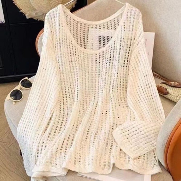 Áo khoác chống nắng dáng rộng dệt kim rỗng dành cho nữ, áo dài tay cổ tròn