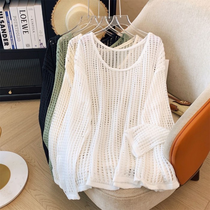 Áo khoác chống nắng dáng rộng dệt kim rỗng dành cho nữ, áo dài tay cổ tròn