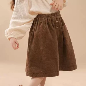 mùa xuân, mùa thu và mùa đông quần áo trẻ em mới retro dày vải nhung bé gái Váy chữ A lưng thun