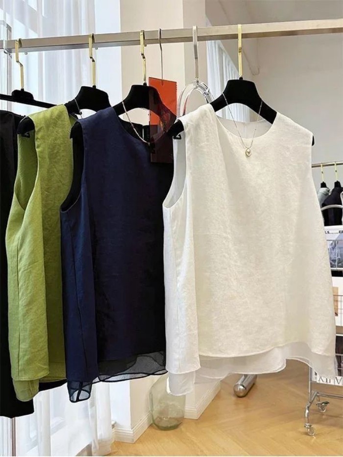 Áo vest không tay lưới nối cỡ lớn cho nữ mùa hè mỏng dáng rộng giả hai lớp áo không tay hai l