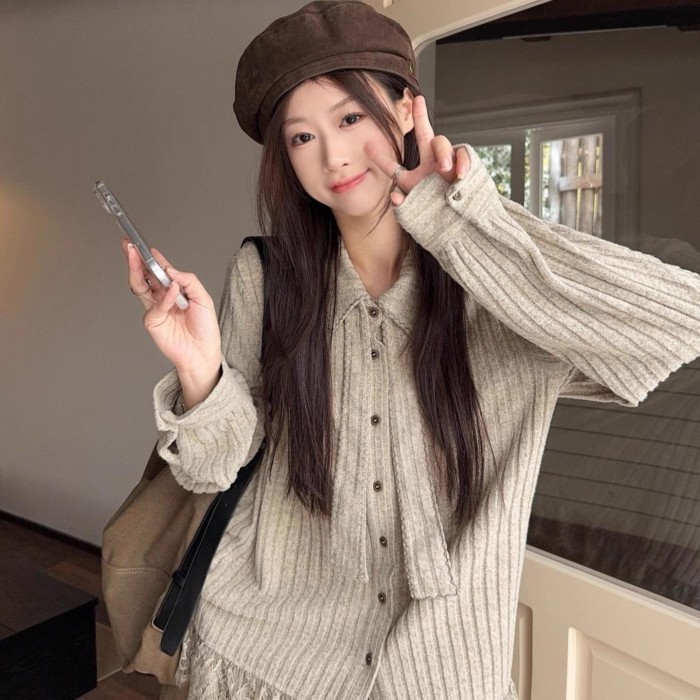 Áo sơ mi dệt kim dài tay phối ren dáng rộng cho nữ