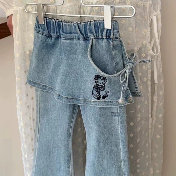 Quần áo trẻ em phong cách Hàn Quốc cho bé gái, quần lò xo, quần jeans rèm mông xanh thời tran
