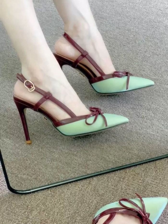 Giày sandal thắt nơ thẳng cho nữ có gót nhọn và váy, giày cao gót tuyệt đẹp