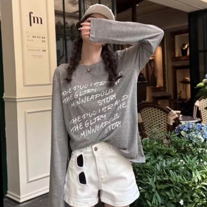 Áo thun dài tay in chữ mùa thu áo sơ mi đáy rộng