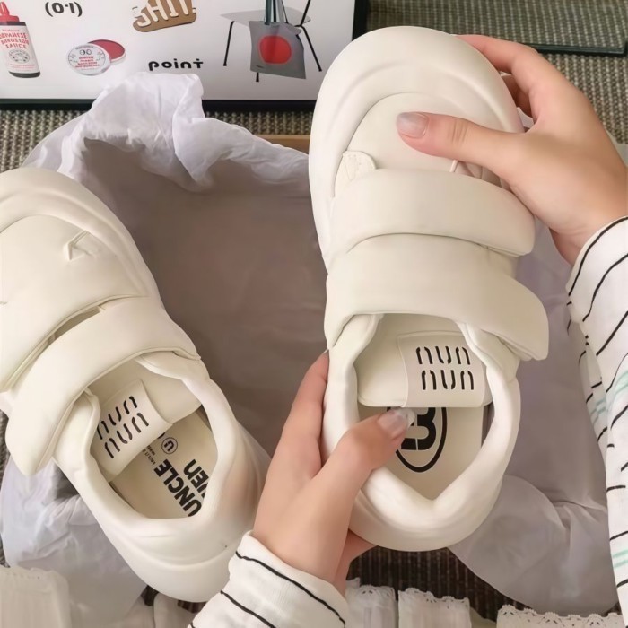 Giày Velcro trắng, giày thể thao mũi to thông thường, giày đế bệt, đế dày xấu xí, giày bánh mỳ tăng