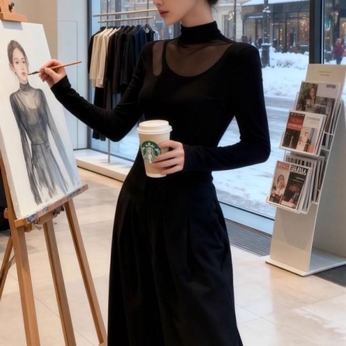 Áo lưới đen hơi xuyên thấu nửa cao cổ áo thun dài tay mùa thu ôm vừa vặn bên trong áo sơ mi x
