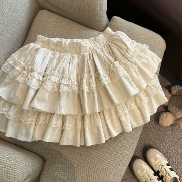 Váy ngọt ngào nối ren váy ngắn giảm béo váy phồng eo cao dành cho người nhỏ nhắn