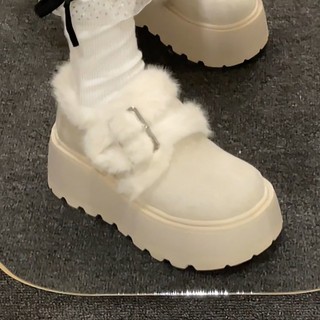 Trắng Lông Cừu Lót Dày Ấm Áp Dày Đế Dày Giày Cotton Nữ Mùa Đông Mặc Ngoài 2025 Phong Cách Mới Phù Hợp Với Nâng Cao Giày Birkenstock