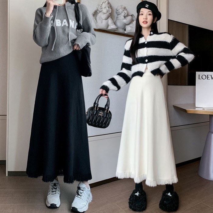Váy dệt kim hoa mai cho nữ, lưng thun, xòe rộng, váy dù, giảm béo, lưng cao, váy dài vừa phải