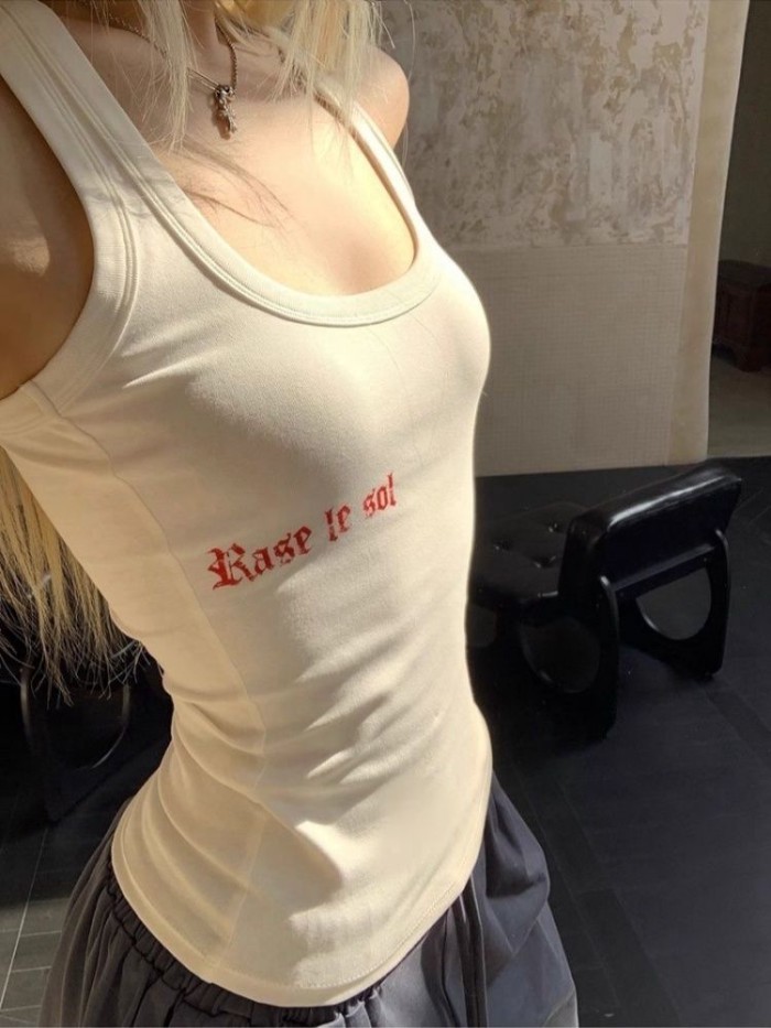 thiết kế cotton nguyên chất in chữ áo yếm màu trắng mùa hè mới mỏng vừa vặn của hot girl không t