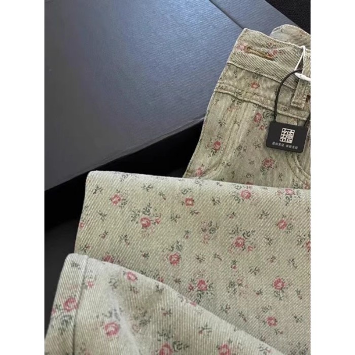Retro Họa Tiết Hoa Thẳng Quần Jean Nữ Xuân Thu Mới Cao Cấp Quần Ống Rộng Đa Năng Ôm Quần Dài