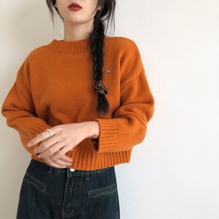 Short Sweater Knitted Autumn And Winter New Loose Outer Wear Lazy Style Knitted Sweater Round Ne