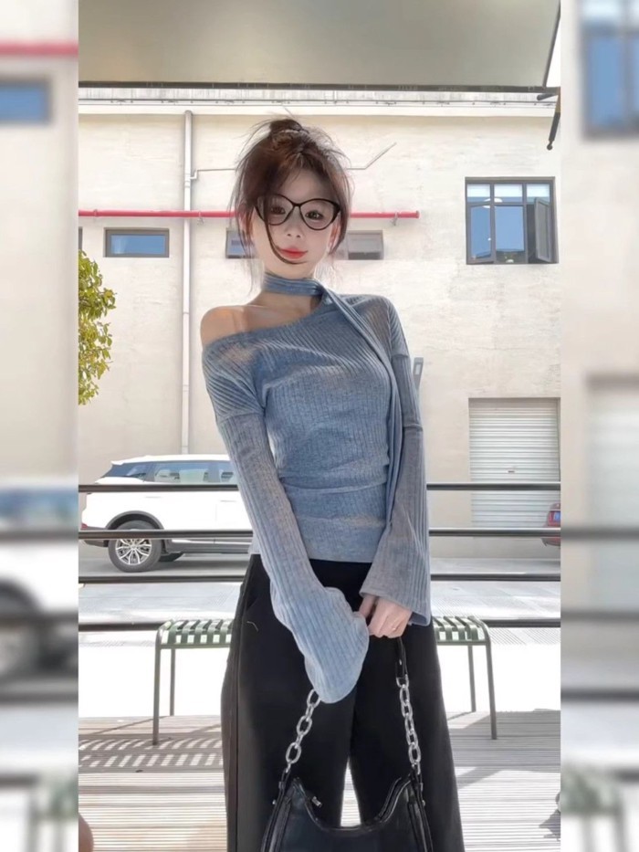 Áo thun dài tay trễ vai màu xanh xám phong cách Hàn Quốc đầu mùa thu dopamine áo sơ mi cao cấp đáy