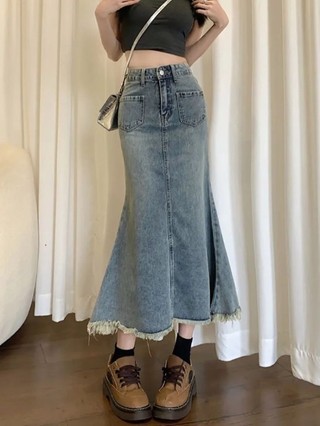 Retro Chiều Dài Trung Bình Váy Đuôi Cá Váy Denim Nữ Nguyên Edge Cao Cấp Ôm Váy Chữ A Che Hông Vá