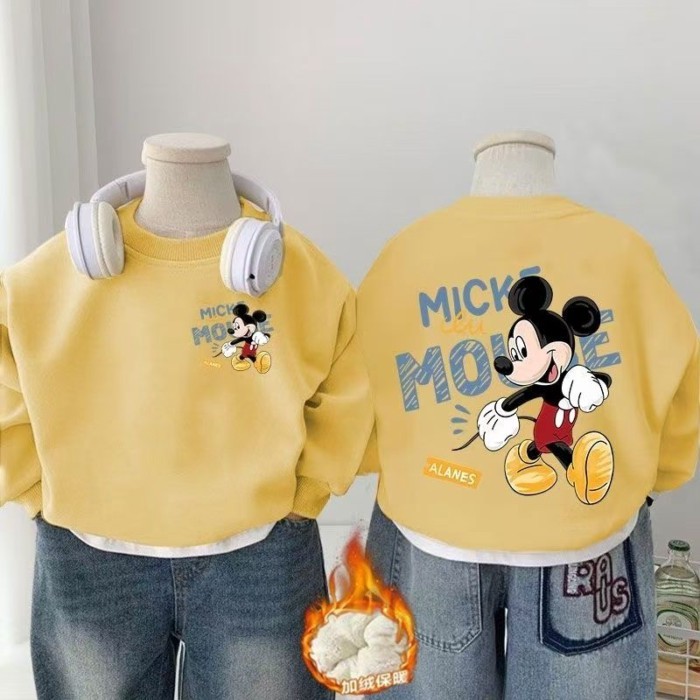 Quần áo nhung mùa đông cho bé trai và bé gái, áo nỉ cổ tròn Mickey hoạt hình cho bé, áo nỉ dày mùa