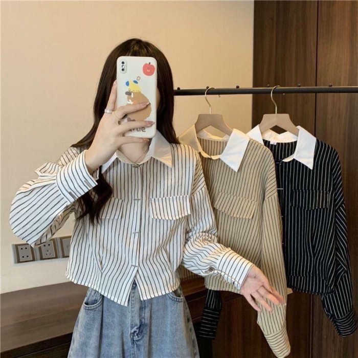 Áo sơ mi dài tay sọc Áo sơ mi nữ Thiết kế ngắn Niche Top Xuân Thu Phong Cách Mới