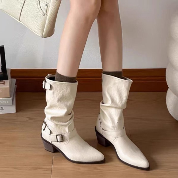 Giày bốt Martin mũi nhọn đến giữa bắp chân dày dành cho nữ, bốt xếp chồng, bốt hiệp sĩ nữ