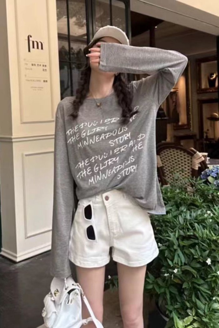 Áo thun dài tay in chữ mùa thu áo sơ mi đáy rộng