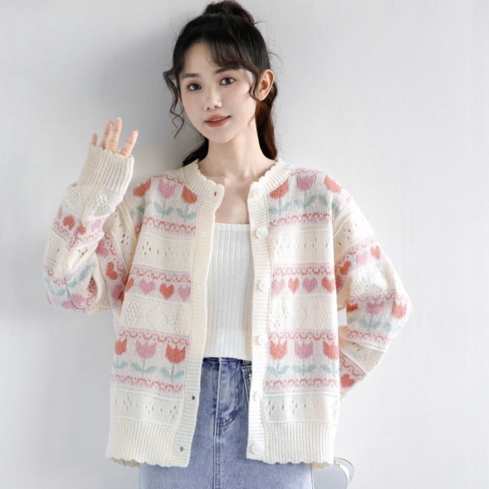 Áo len mùa thu áo khoác nữ đại học nấm chắp vá dệt kim rỗng dài tay cardigan dệt kim dành cho nữ