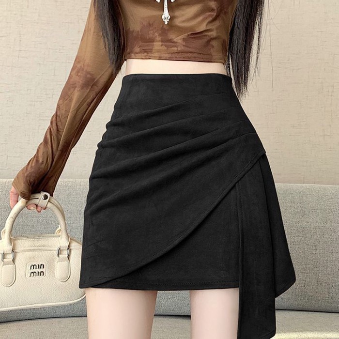 Váy ngắn da lộn bất thường cho mùa thu đông, lưng cao, thon gọn, giản dị, đa năng, chống lộ, váy