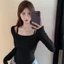 Áo đáy quần cho bé gái cô gái ngọt ngào xoắn xoắn giả cổ vuông hai mảnh áo thun dài tay không đều