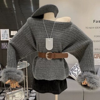 Kiểu Pháp cổ lười kiểu dáng chéo, tay áo lông trễ vai và tay áo cá heo, áo len dệt kim đa năn