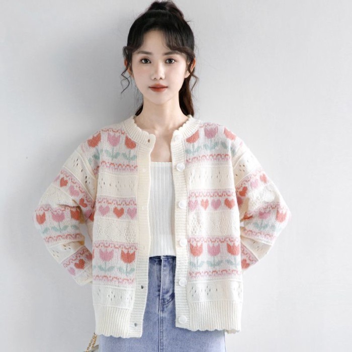 Áo len mùa thu áo khoác nữ đại học nấm chắp vá dệt kim rỗng dài tay cardigan dệt kim dành cho nữ