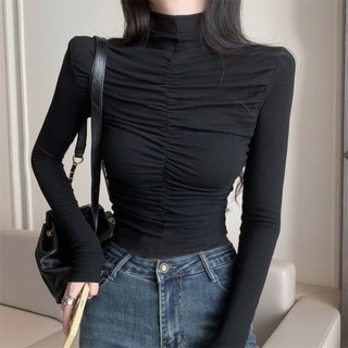 Áo sơ mi nửa cổ cao cổ dành cho nữ mùa thu đông mới niche kiểu dáng ngắn dáng ôm thiết kế xếp