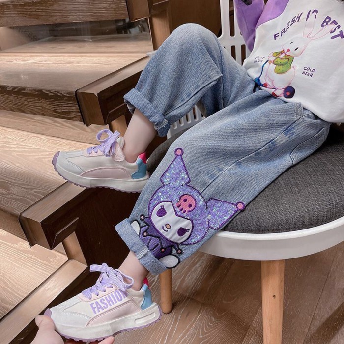 Bé Gái Hoạt Hình Đính Hạt Cườm Kuromi Quần Dễ Thương Bố Bé Quần Xuân Thu Mới Quần Jean Trẻ Em