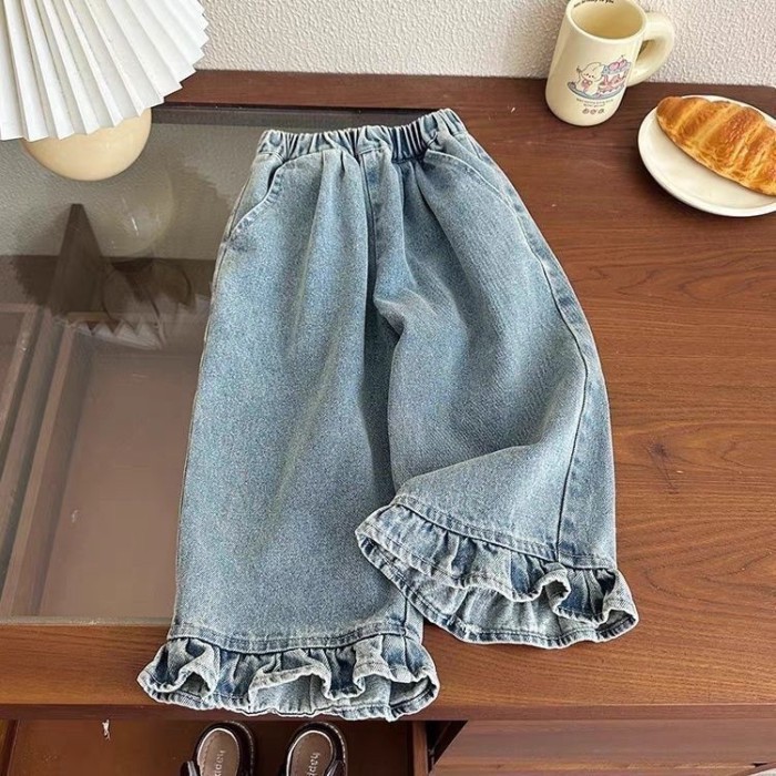 Quần Jean Bé Gái Mới Xuân Thu Ống Thẳng Quần Ống Rộng Đa Năng Bé Gái Quần Denim Phong Cách Hà