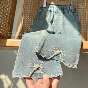 Quần jean ống loe thêu tám điểm phong cách mới cho bé gái Quần mỏng cho bé gái